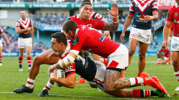 Rampant: Ryan Matterson crosses for the Roosters at Allianz Stadium.