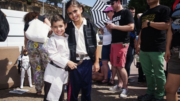 Star Wars fans, TJ  and Jonah Peminton, waited to get a glimpse of Harrison Ford.