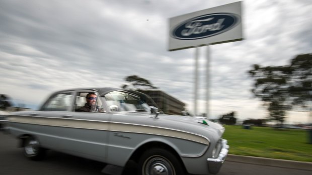 Ford enthusiast Patrick Boylan in his 1962 XK Ford Falcon that was built at the Broadmeadows plant. Ford workers have been sacked today as Ford closed their Broadmeadows and Geelong plants.