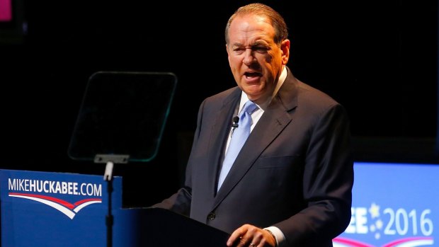 Fiery speech: Former Arkansas Governor Mike Huckabee officially announces his candidacy for the 2016 presidential race in Hope, Arkansas. He is the sixth Republican to enter the race.