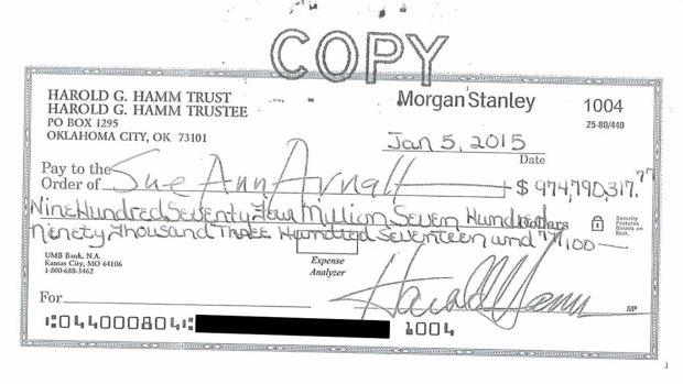 The cheque from Harold Hamm that Sue Ann Arnall rejected. 