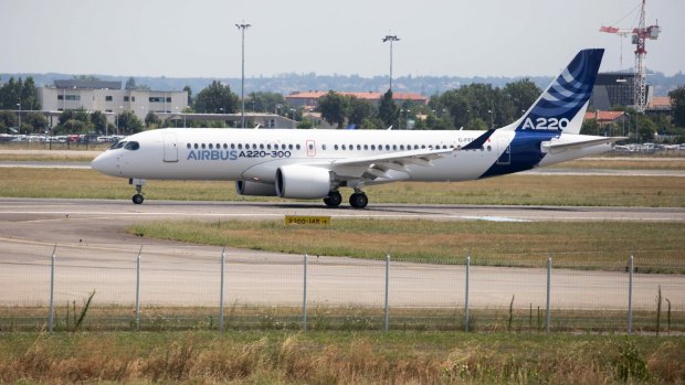 A new Airbus A220 single-aisle aircraft on the tarmac in Toulouse, France during the unveiling of its new name. Previously it was known as the Bombardier CSeries.