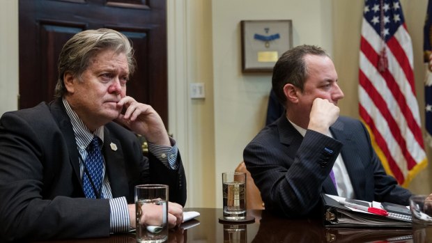 Stephen Bannon and Reince Priebus  in the Roosevelt Room at the White House earlier this month. Could Priebus be the next administration casualty?