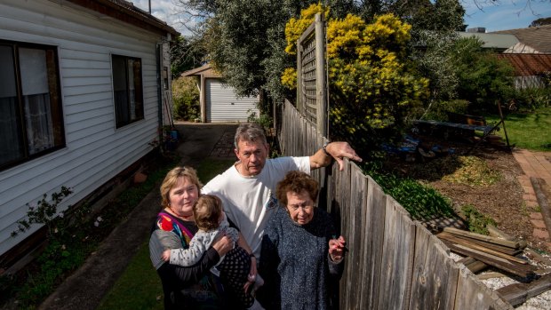 Sue Spriggs, left, with her grandaughter, her husband Ray and his mother, 91-year-old Joy. Their homes in Cheltenham will be acquired by the Andrews government. 