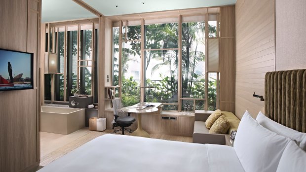 The room's floor-to-ceiling windows allow guests to enjoy the novelty of the tropical foliage directly outside. 