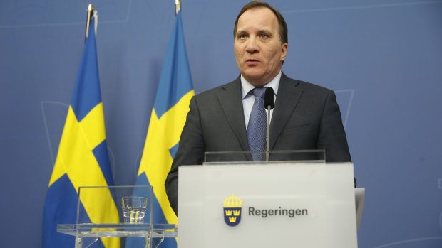 Swedish Prime Minister Stefan Lofven at a media conference  after the truck terror attack in Stockholm.