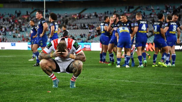 Down and out: Josh Dugan reacts after the loss to Bulldogs.