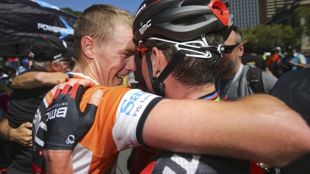 New focus: Rohan Dennis celebrates with Cadel Evans after winning the 2015 Tour Down Under.