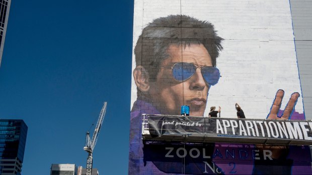 A hand-painted mural of the actor Ben Stiller promoting the new movie Zoolander 2 on February 5 in Melbourne