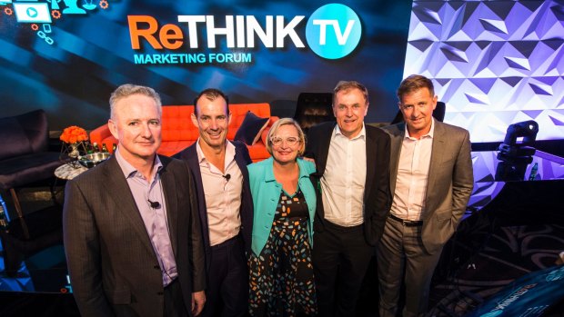 ThinkTV Conference, from left: Nine CEO Hugh Marks, Ten CEO Paul Anderson, ThinkTV CEO Kim Portrate, Foxtel CEO Peter Tonagh, and Seven CEO Tim Worner. 