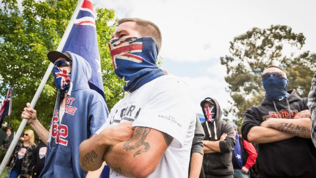 A Member of  Reclaim Australia  during simultaneous rallies between Reclaim Australia and Rally against Racism, the ideologically opposed groups in Melton.