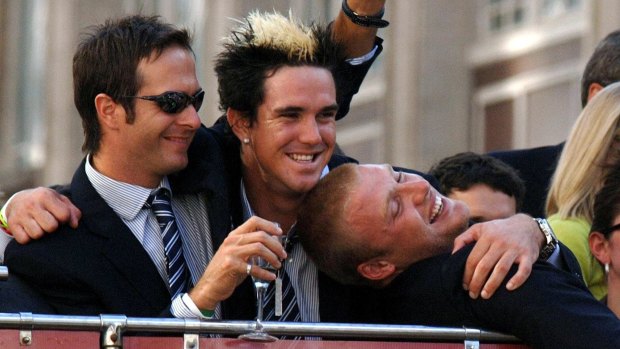 Michael Vaughan, Kevin Pietersen and Andrew Flintoff celebrate during the 2005 Ashes victory parade in London.