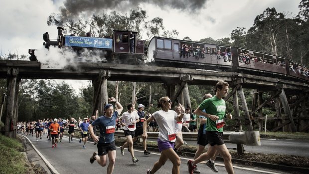 Runners are seen racing against the iconic Puffing Billy steam train in the 35th Great Train Race.