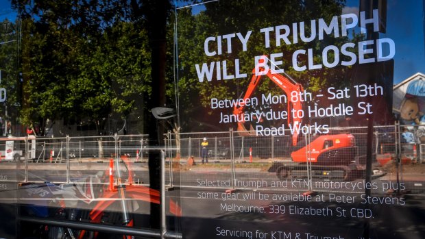 This motorcycle showroom has closed during the Hoddle Street shutdown.