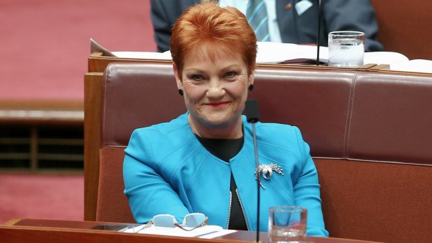 Senator Pauline Hanson during Question Time in the Senate. 