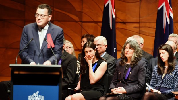 Premier Daniel Andrews speaks at the state funeral for Anthony Foster at the Melbourne Recital Centre. 