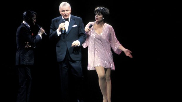 Sinatra on stage in Sydney with Sammy Davis jnr and Liza Minnelli.