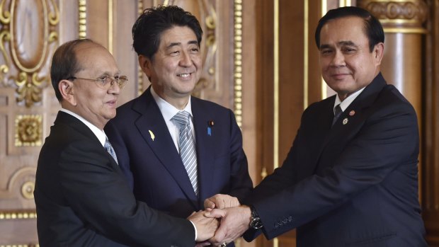 Thai Prime Minister Prayuth Chan-ocha, right, with Japanese PM Shinzo Abe (centre) and Myanmar President Thein Sein earlier this month.