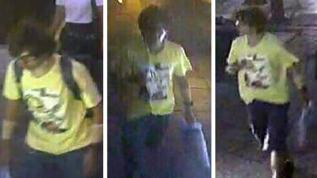 A montage released by Royal Thai Police shows a man wearing a yellow T-shirt near the Erawan Shrine before and after the explosion in the Erawan Shrine in Bangkok.