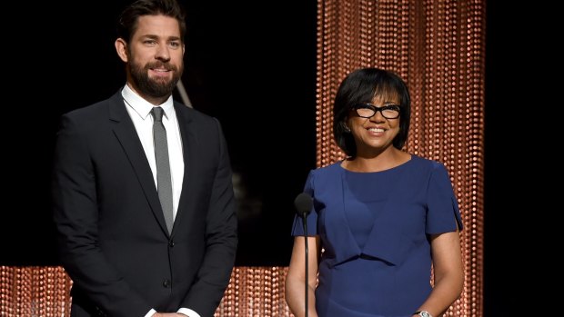 Academy of Motion Picture Arts and Sciences president Cheryl Boone Isaacs (right) announces the Oscar nominees with actor John Krasinski.
