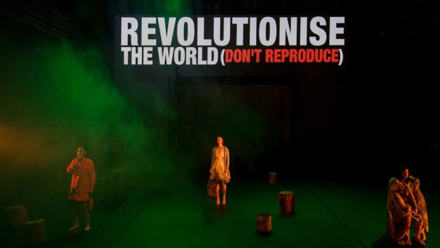 Elizabeth Esguerra, Belinda McClory and Ming-Zhu Hii in <I>Revolt. She Said. Revolt Again.</I> at the Malthouse.