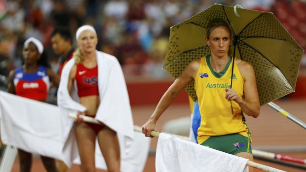 Not ideal conditions: Alana Boyd of Australia (right), and Sandi Morris of the US look on.