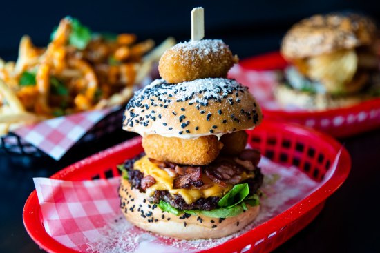 A 'Cheese Louise' special with three mac and cheese balls (centre) at Baby Rey's Burgers in Marrickville.