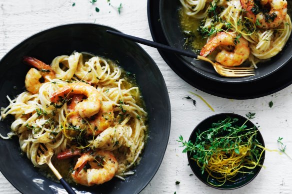 Speedy spaghetti with prawns.