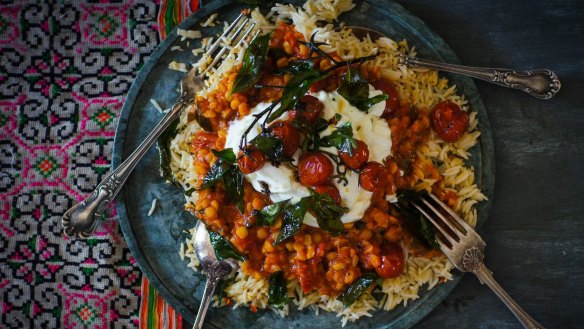 Tomato dhal topped with yoghurt and panch phoran roasted tomatoes.