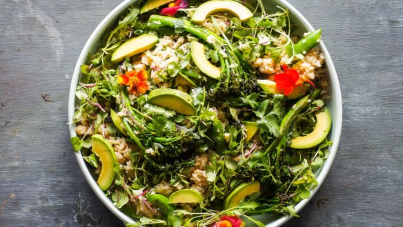 Japanese-inspired miso rice and charred greens salad.