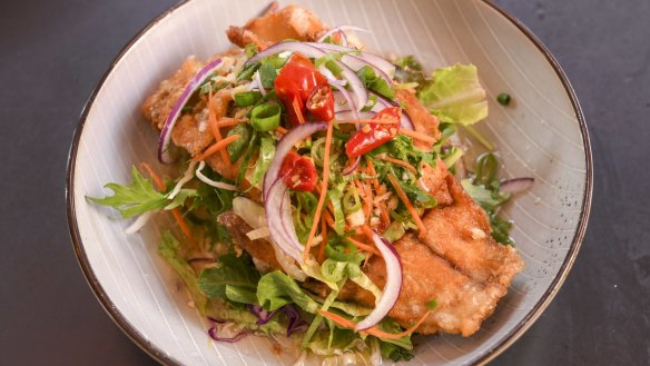 Insane fish - battered barramundi in lemongrass sauce.