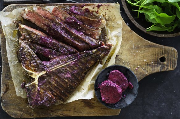 Neil Perry's barbecue aged beef t-bone with red wine butter.  