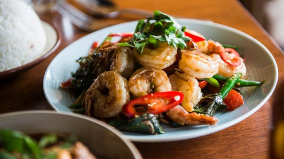 Go-to dish: Char-fried prawns with mixed fresh herbs.