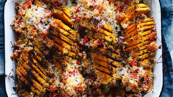 Butternut pumpkin wedges with cous cous and parmesan crust.