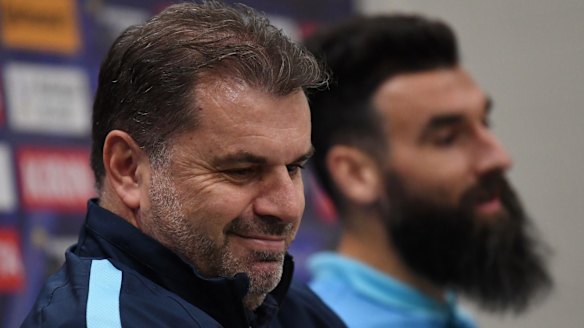 Ange Postecoglou with Mile Jedinak in Sydney on Tuesday.