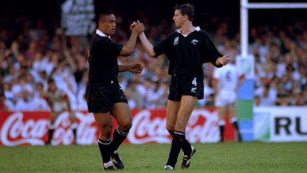 Superstar: Jonah Lomu with Ian Jones at the 1995 Rugby World Cup.