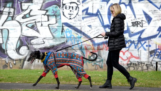 Bridget Dominic and her greyhound Rivers join the rally in Newtown on Sunday.
