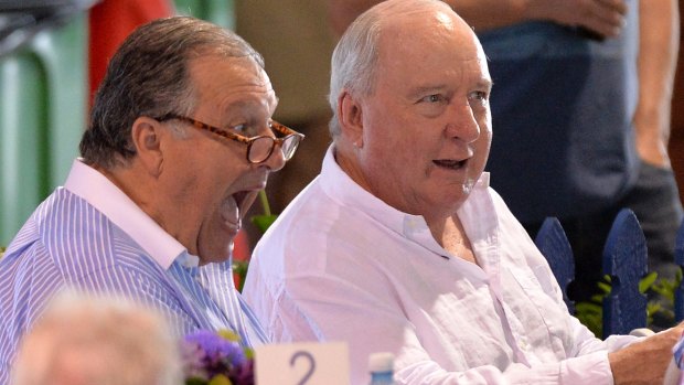  Alan Jones and John Messara share a laugh at the Magic Millions Yearling Sale Day on January 6, 2016, at the Gold Coast.