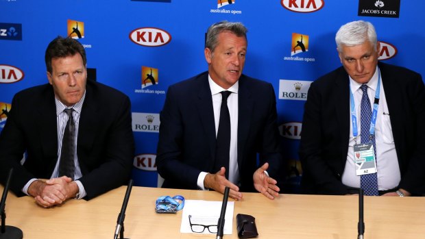 Nigel Willerton, head of the Tennis Integrity Unit, ATP chairman Chris Kermode, and ATP vice-chairman Mark Young front a press conference at the 2016 Australian Open tennis championships in Melbourne.