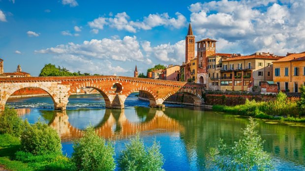 Bridge Ponte Pietra in the UNESCO World Heritage city of Verona, which is a worthy alternative to Venice.