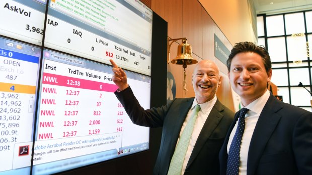 Matt Heine and his father Michael Heine co-founders of Netwealth at their bell ringing at the ASX.