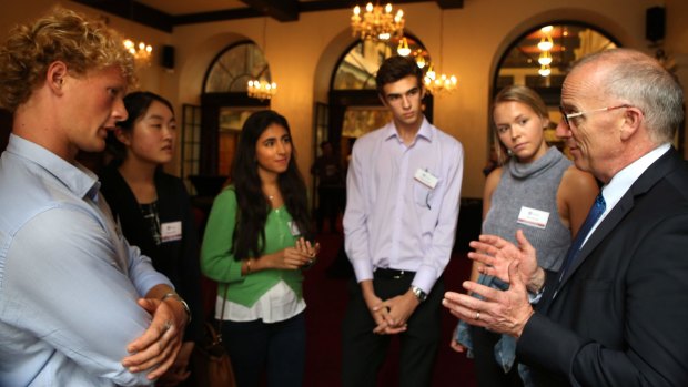 Sebastian Schwartz, Stephanie Wu, Nadine Abughazaleh, Hayden Randall and Merle Runde with the Sydney University Vice-Chancellor Dr Michael Spence at the  afternoon tea. 