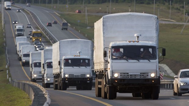 A convoy of Russian trucks that allegedly carried humanitarian aid passing along the Don highway towards Ukraine in August 2014.