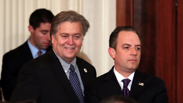 Breitbart News has portrayed the fall of Michael Flynn as first blood in a war between Washington "insiders" such as Republican Party leader Reince Priebus, right, and Trump "outsiders" such as former Breitbart chief Stephen Bannon, left.