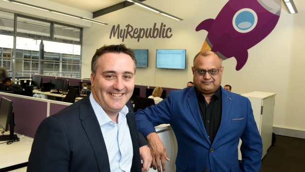 MyRepublic Australia's Managing Director Nicholas Demos and CEO Malcolm Rodrigues in their Sydney office.