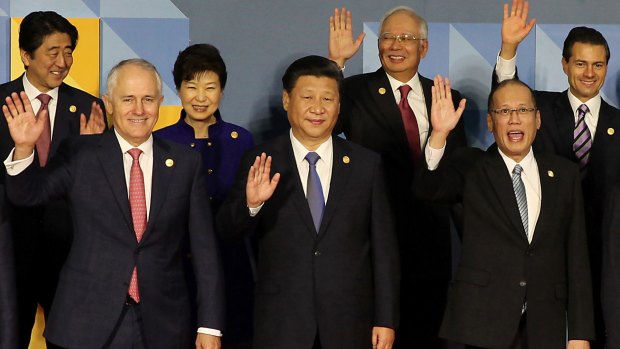 Happier times? Leaders wave at the Asia-Pacific Economic Cooperation summit in Manila, Philippines in 2015. Pictured from top left, Japanese Prime Minister Shinzo Abe, South Korea President Park Geun-hye, Malaysian Prime Minister Najib Razak, and Mexican President Enrique Pena Nieto, front row from left, Australian Prime Minister Malcolm Turnbull, Chinese President Xi Jinping and Philippines President Benigno Aquino III.