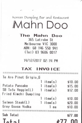 Receipt from lunch at Manh Doo 