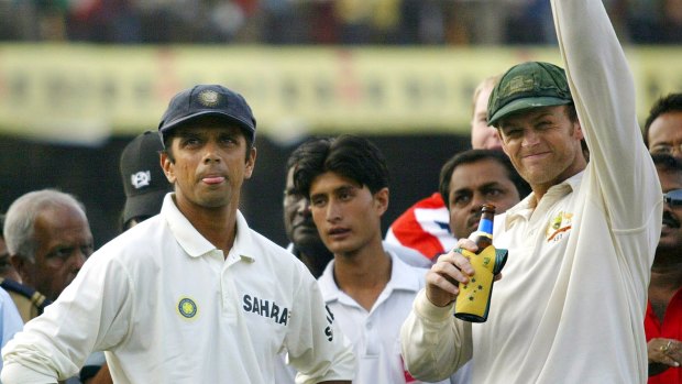 Adam Gilchrist, right, and Indian captain Rahul Dravid in Nagpur, 2004.