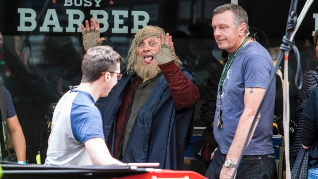 A near-unrecognisable Sir Anthony Hopkins lets his hair down on set.