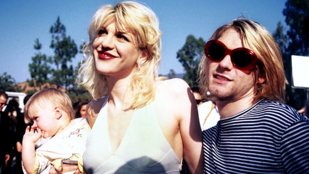 Kurt Cobain, Courtney Love and baby Frances Bean attending the 1993 MTV Music Video Awards in Los Angeles.